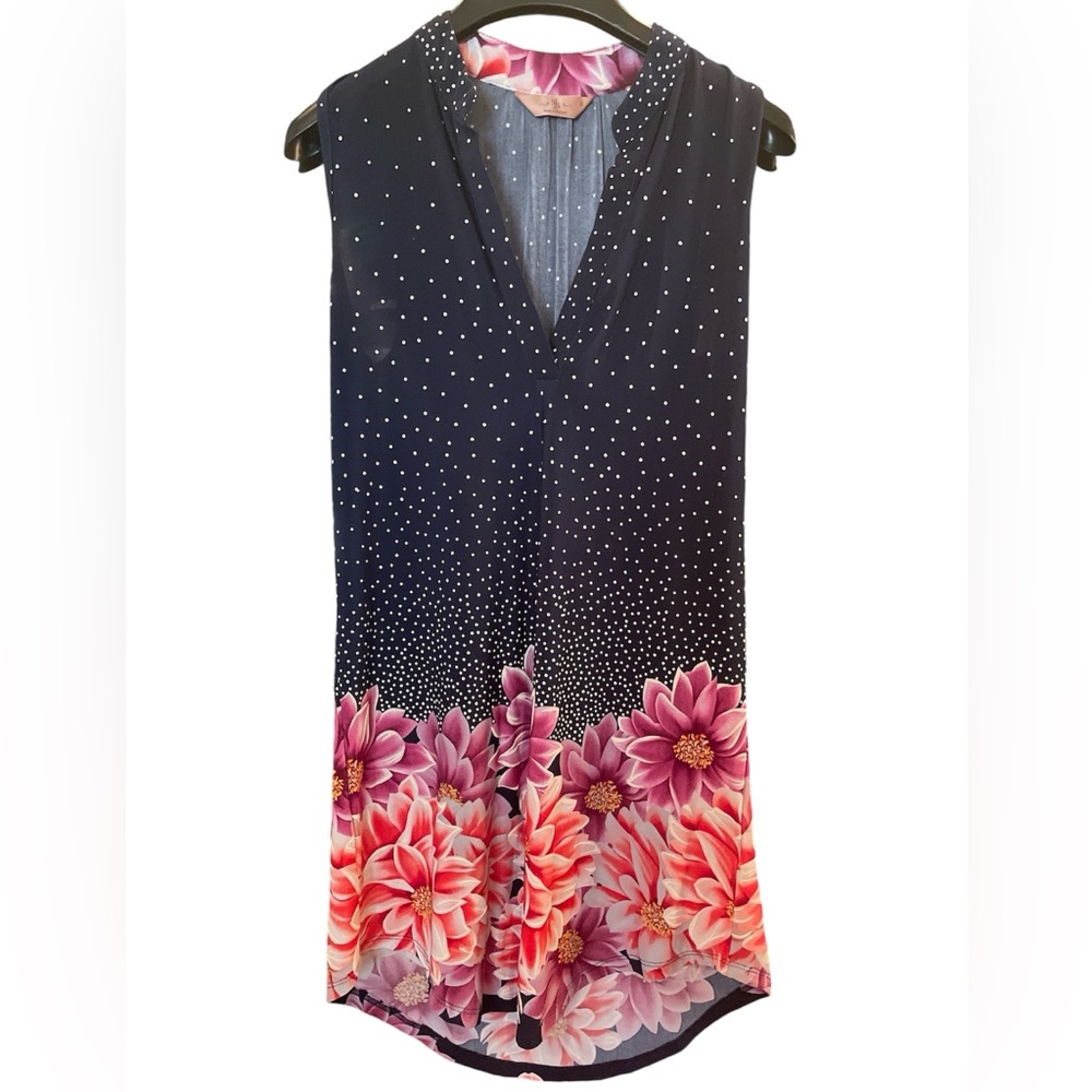 SJS Sleeveless Navy Dress with Pink/Violet Flowers size Small